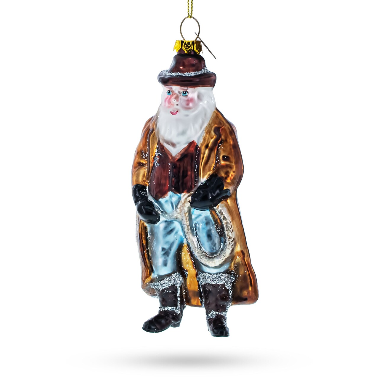 Cowboy Santa Skillfully Twirling a Lasso Glass Christmas Ornament